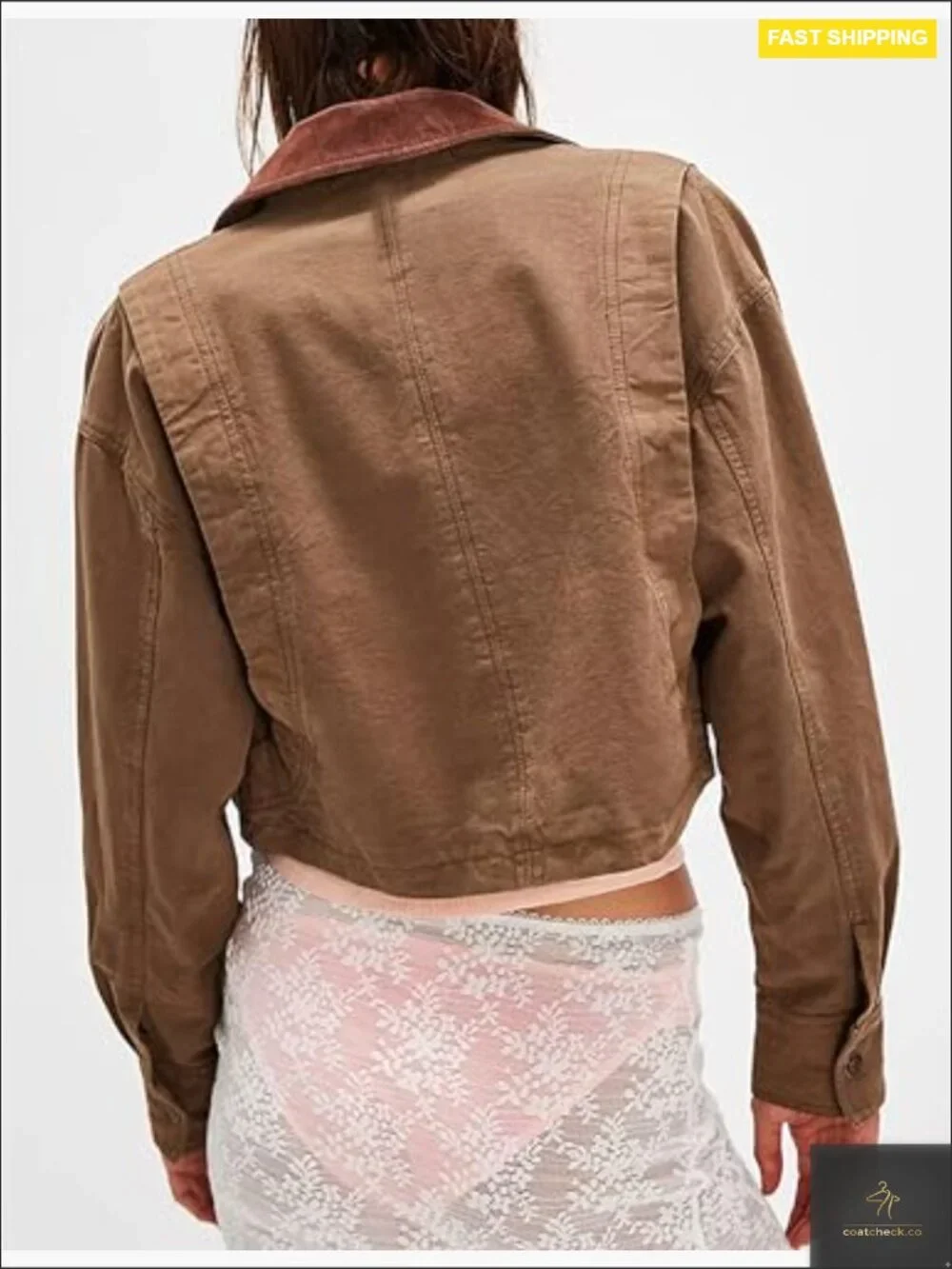 Cropped Barn Jacket Contrast Collar Long Sleeve Cotton Cargo Jacket with Pockets